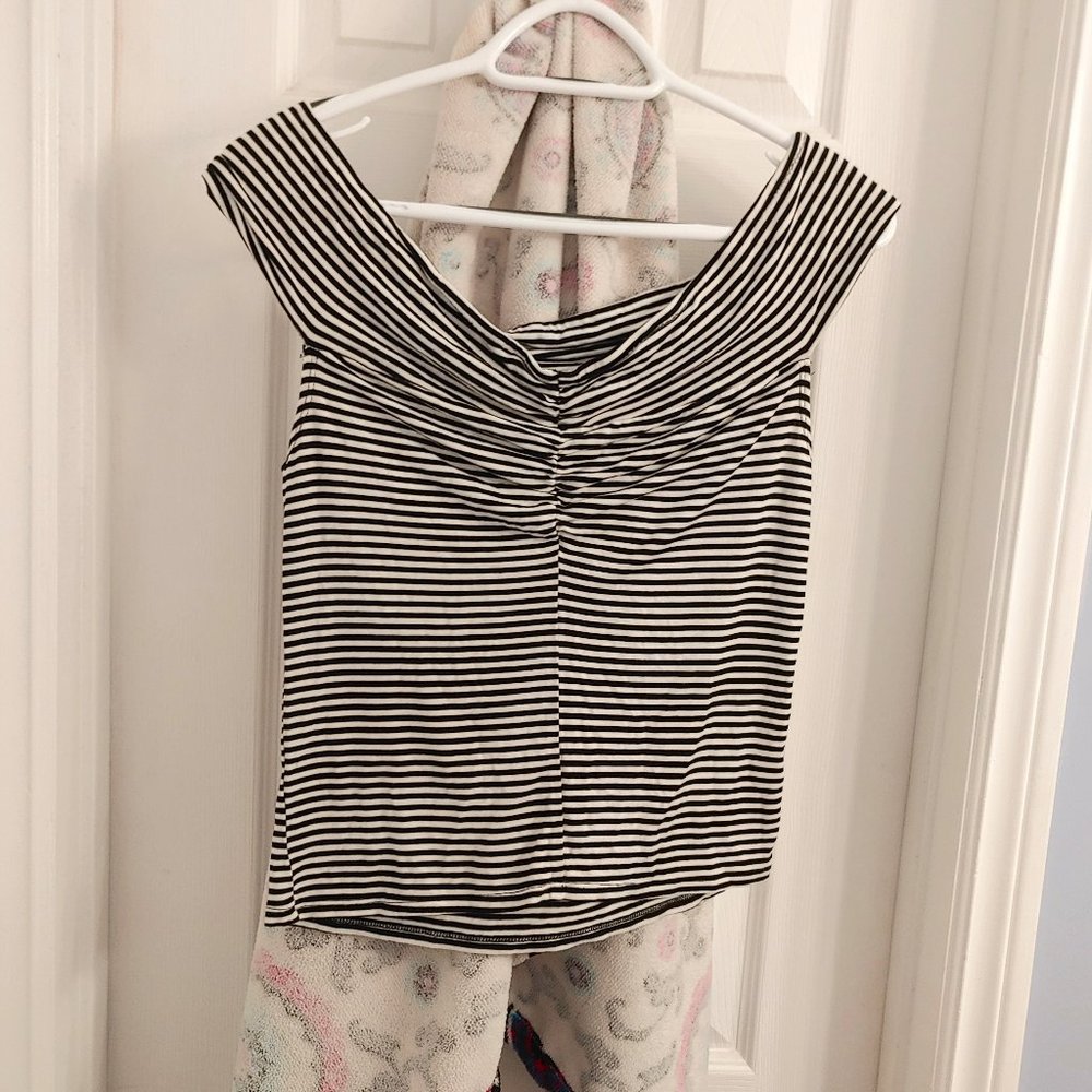 Black & White Striped Cinch Front Girls Off-The-Shoulder Top